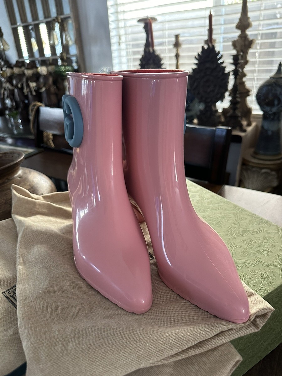 New Authentic Gucci Interlocking GG Logo Rubber Boots Pink