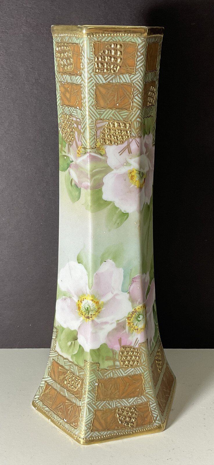 Beautiful Vintage Nippon Vase Hand Painted Floral 10” Tall Blue Maple