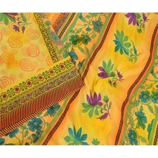 Sanskriti Vintage Sarees Indian Yellow Moss Crepe Sari Printed Soft Craft Fabric