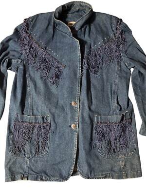 Vintage David David Women's Rhinestone and Fringe denim Jean Jacket Size Large