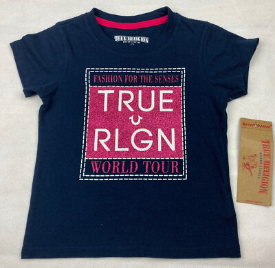 True Religion T-shirt Infant 24 Months Pink Glitter Emblem On Navy Blue  NWT