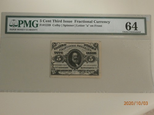 PMG 64 CERTIFIED 5 CENT THIRD ISSUE GREEN BACK LETTER "a" ON FRONT FR 1239 - Picture 3 of 4