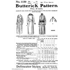 Past Patterns 1150 - Late 1910s Ladies One-Piece Dress Sewing Pattern bust 34