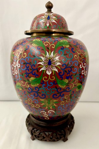 Pair Beautiful Antique Chinese Cloisonné Lidded Ginger Jars on Stands - Picture 4 of 12