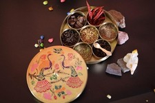 Handcrafted Brass Masala Box with Hand-Painted Peacock Design Indian Spice Box