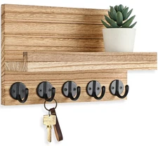 Burnt Wood Key Holder for Wall with Shelf Large Hooks for Bags and Coats
