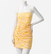 Oh Polly Ruched Mesh Midi Dress UK 8/10 Yellow Floral Party