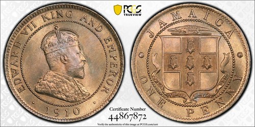 British Jamaica, 1910 Edward VII Penny. PCGS MS 66. 144,000 Mintage.