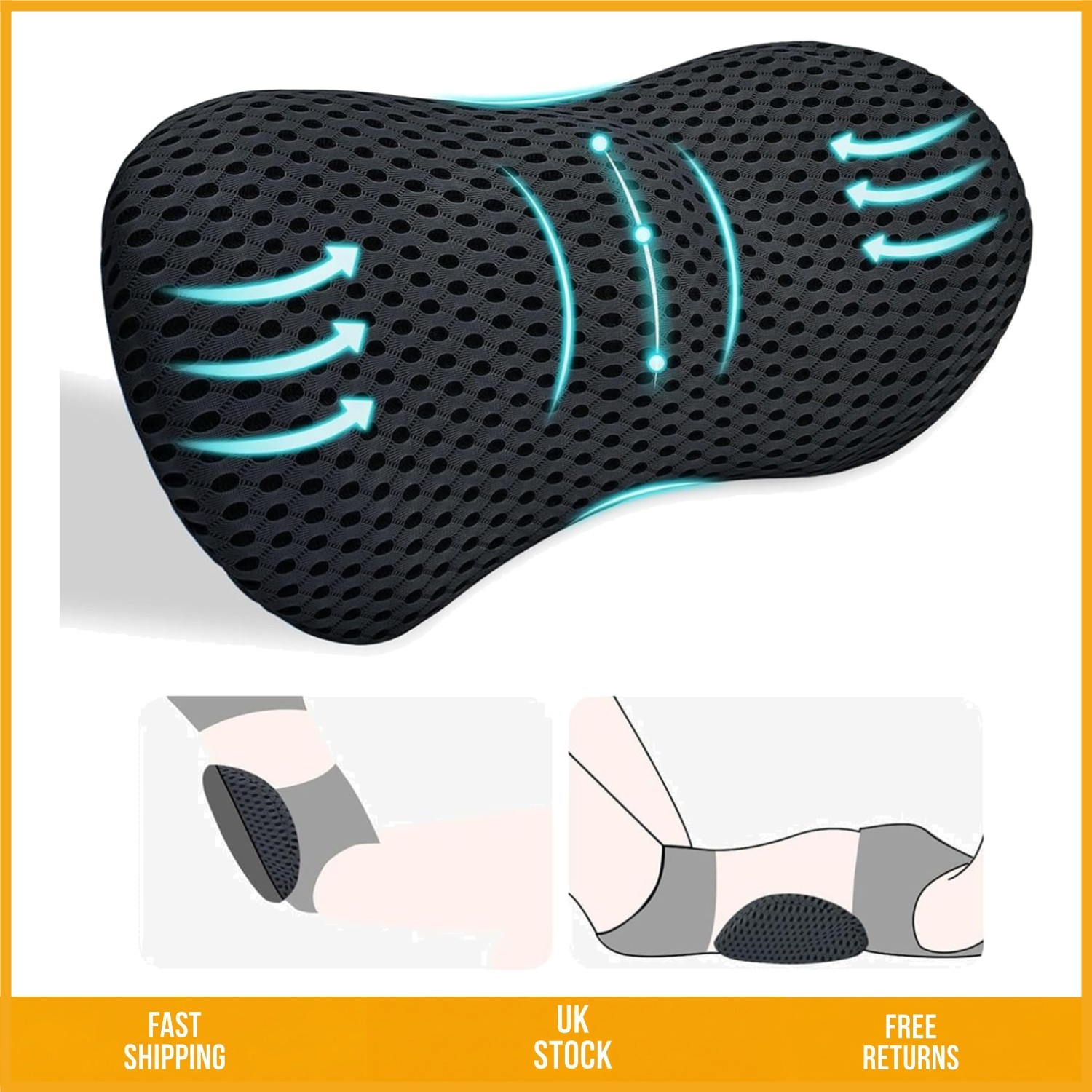 Ergonomic Memory Foam Lumbar Support Pillow for Back Pain Relief Office Black