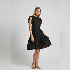 Ulla Johnson Tasmin Tunic Ruffle Dress Midnight Metallic Black Gold Stripe US 8