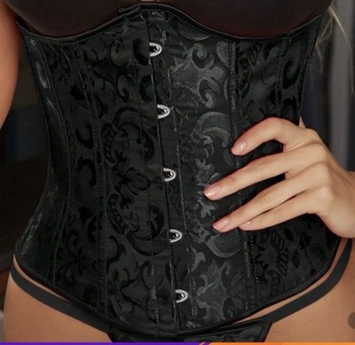 Women s Black Damask Underbust Corset Boned Strapless Front Hook & Eye