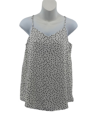 Pink Rose Polka Dot Cami Tank Top Ivory Black Spaghetti Strap Small