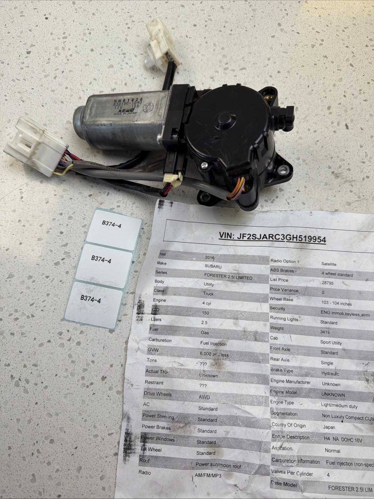 2016 2017 Subaru Forester Rear Hatch Lift Liftgate Motor 830100-1090