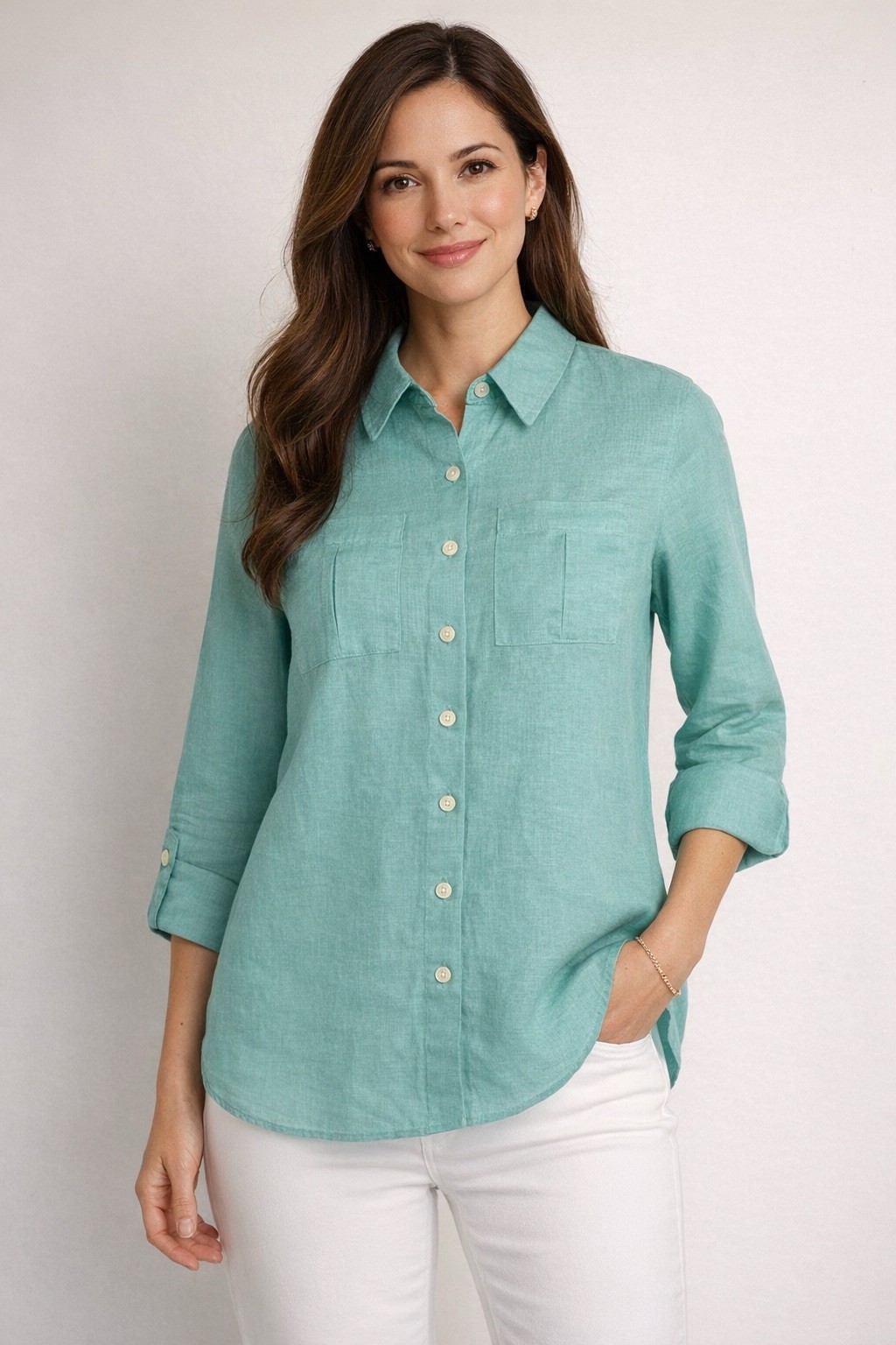 Investments Petites Gold Label Linen Blouse 6P Aqua Button Front Roll Tab Shirt