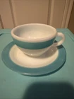 Vintage 1950's Pyrex White & Turquoise Band Cup w/matching saucer plate