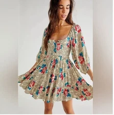 Free People Endless Summer Picnic Dress Floral Mini Boho 3/4 Sleeve S