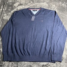 Tommy Hilfiger Mens 2XL Navy Pima Cotton V Neck Sweater Logo Flag Knit NWT