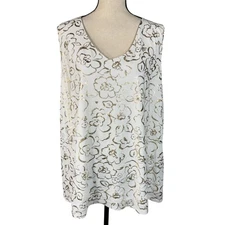 Naïf 3X-Large Top Floral Sleeveless Lined Stretch V-Neck White Gold Metallic