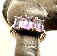 925 STERLING SILVER TRIPLE EMERALD CUT AMETHYST COCKTAIL RING