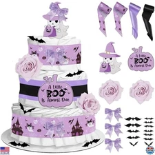 Halloween Baby Shower Diaper Cake Kit - Purple Black, Ribbon, Bow Tie, Decor