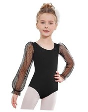 Gymnastics Leotards for Girls Polka Dots Mesh Long Sleeve 6-7 Years Black