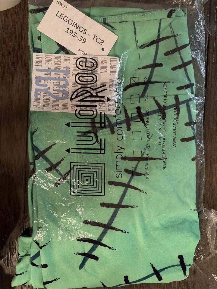 LuLaRoe Sz TC2 (20-26) Halloween FRANKENSTEIN Stitches Leggings Lime Green NWT - Image 3 of 3