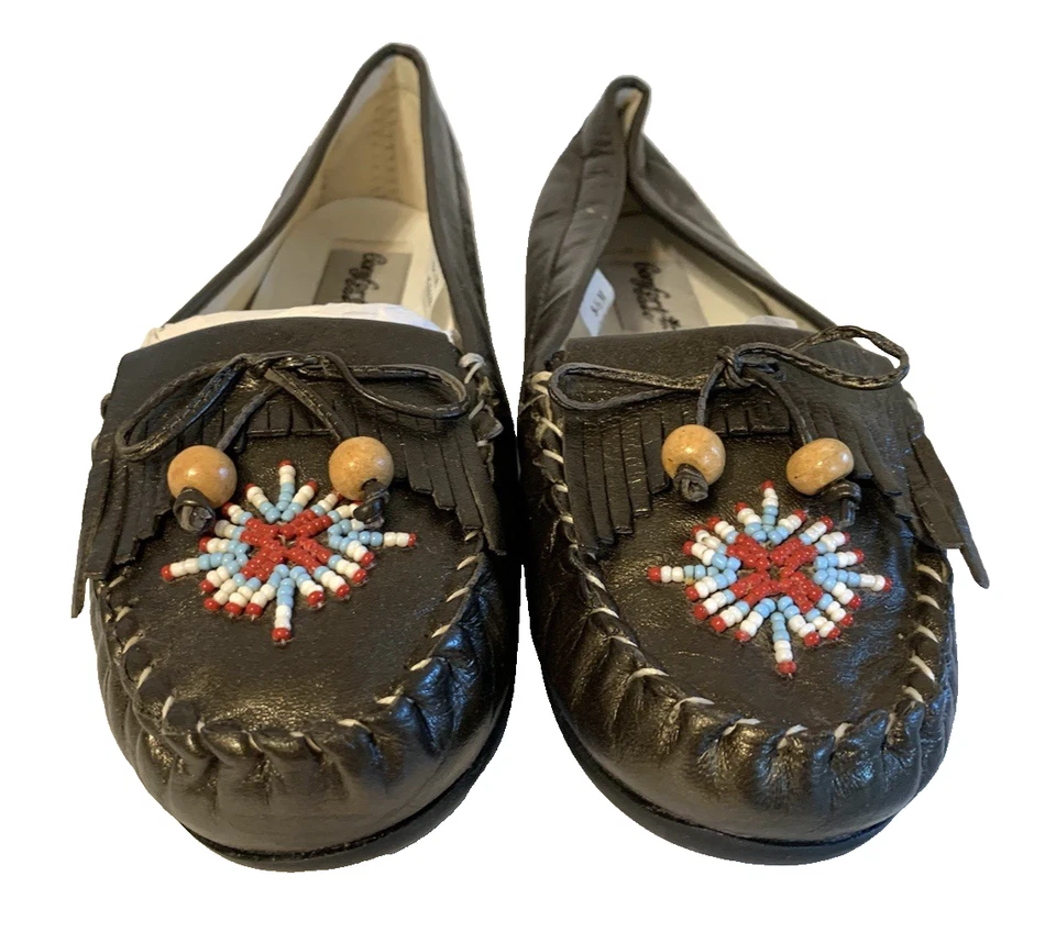 真皮灰色串珠莫卡辛鞋女式 8M 码条纹平底鞋舒适轻松新品 — 第 2/4 张图片