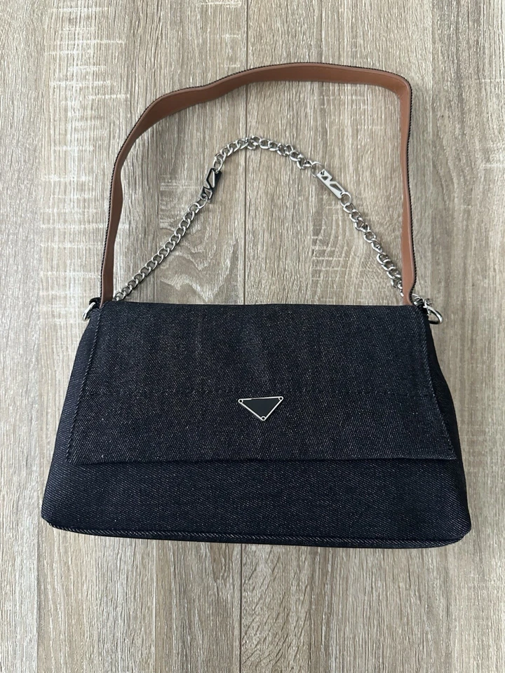 Shoulder Bag Denim Black Size MEDIUM Metal Chain Double Straps Travel Bag Jeans - Image 3 of 4