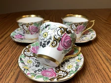 3 Vintage Rosina Queen’s Tea Cup & Saucer, Bone China, Gold Trim, Roses #4859