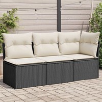 Gartensofa 3-Sitzer Poly Rattan Schwarz Mit Kissen