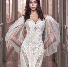 Ivory Off-Shoulder Long Sleeve Lace Mermaid Wedding Dress Train Button Back