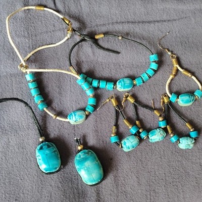 Egyptian Stone Jewelry Set Blue/Black/Gold Necklace Bracelet Earrings