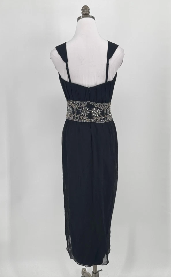 曼德勒黑色丝绸雪纺水钻串珠晚礼服人造裹身连衣裙 6 码 — 第 4/4 张图片