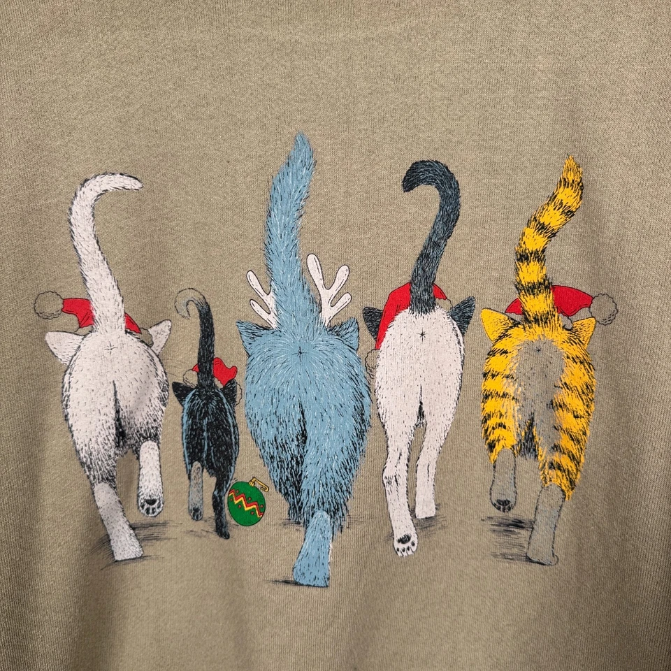 Sudadera De Colección Cuello Redondo Para Hombres XL Beige Navidad Gato Dama Divertida Hecha en EE. UU. Foto 4 de 4