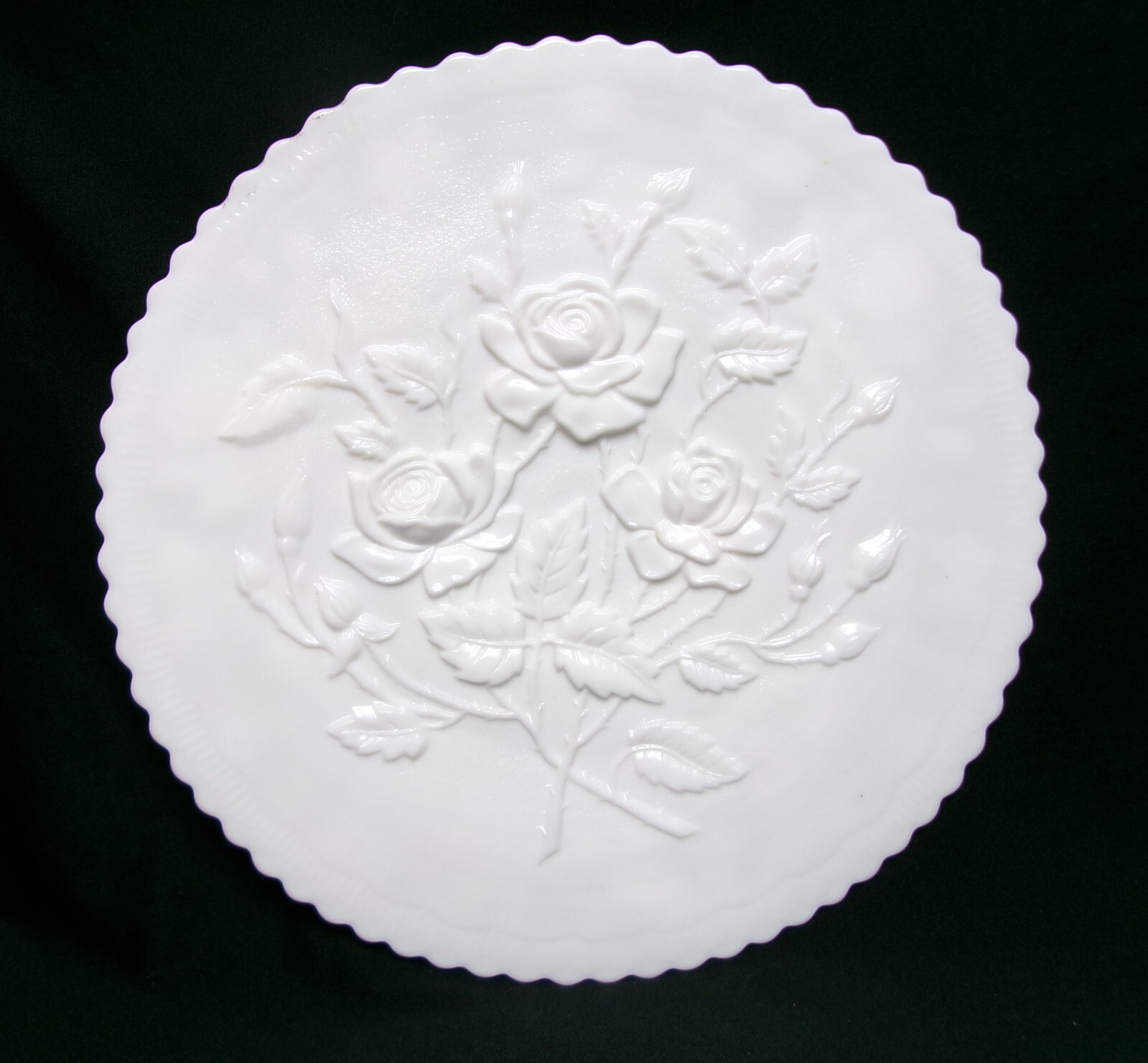 Lg. 12 ½” 3-Rose IMPERIAL Milk Glass MCM Vintage Embossed Cake Serving Platter