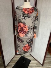 Womens Gray/Coral Flowers Long Sleev Draped Midi Dress US S, EUR M EUC