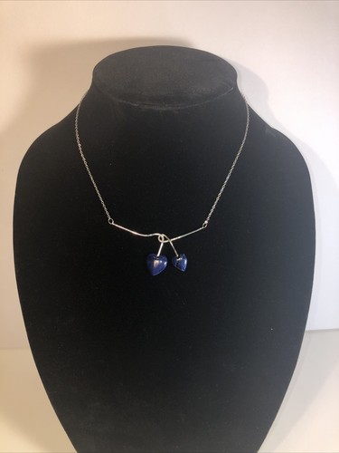 Blue Twisted Swirled Heart Necklace Silver Tone 14 - 16 Inches Very Pretty