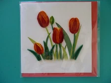 Quilling 3-D Greeting Card RED TULIPS Blank Inside - Gorgeous Art Form 6x6