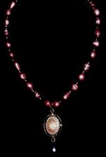 Cameo Necklace - Pendant Faux Pearl 16" - Burgundy Beads - Vintage
