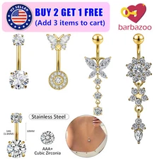 4pcs CZ Dangle Belly Button Ring Surgical Steel Navel Bar Barbell Body Piercing