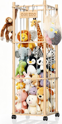 Stuffed Animal Storage with Wheels (Rolling Zoo), Large Wooden Plushie Organizer
