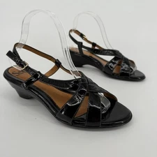 Sofft Black Patent Slingback Sandals Strappy Heels Size 8.5M Minimalist Wedge
