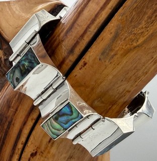 Vtg Mexico Sterling Silver & Abalone Concave 3 D Panel Bracelet 51 Grams TAXCO