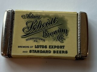 Clean Scheidt Brewing Co. Match Safe Lotus Export & Standard Beer Norristown Pa