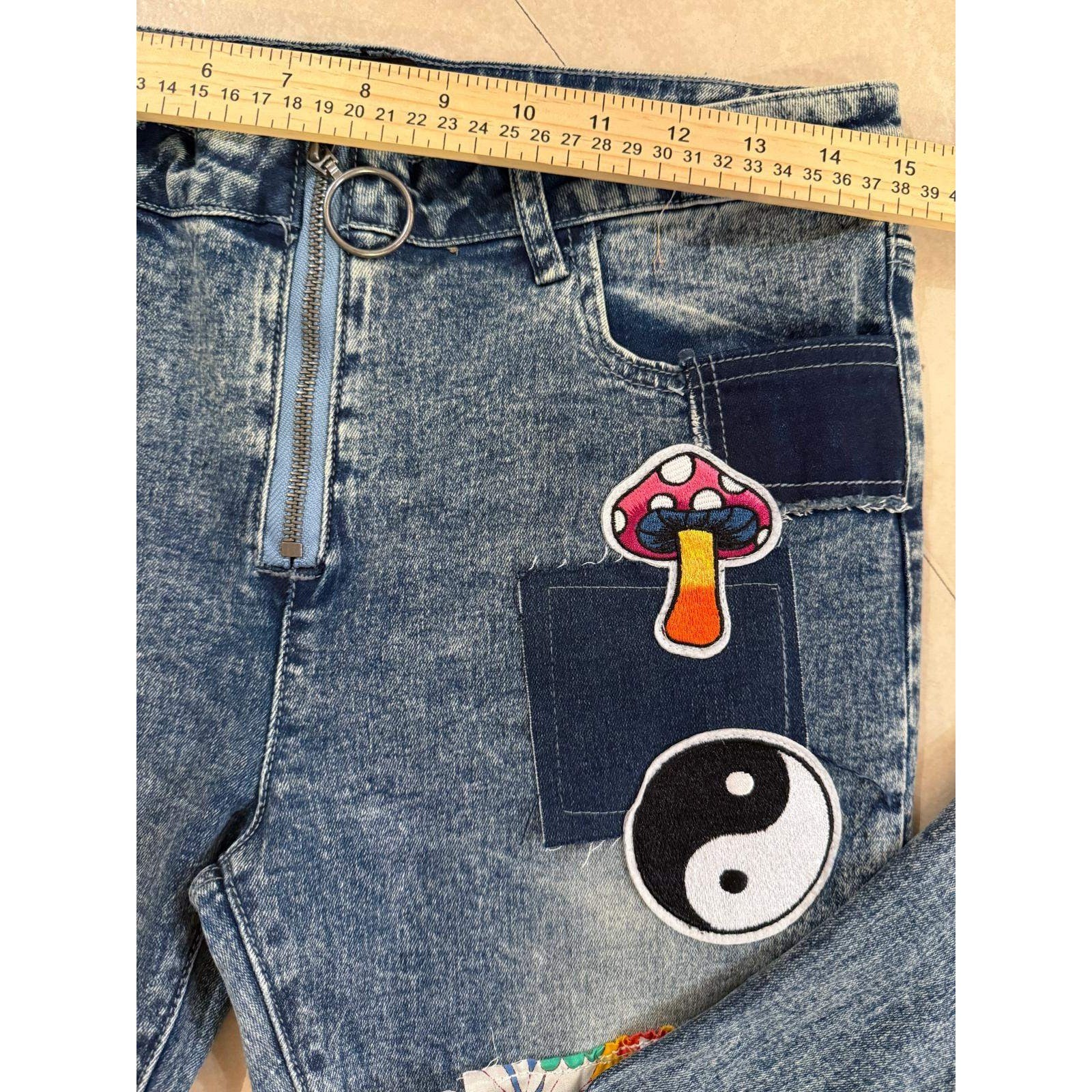 Current Mood Dolls Kill Patchwork Flare Jeans Blu… - image 6