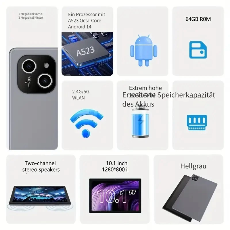 Tablet 10.1-Zoll Android 14-Betriebssystem-Tablet, 64GB ROM+12GB (4GB+8GB) - Bild 3 von 4