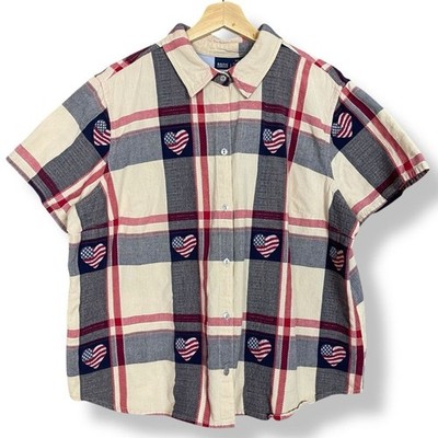American Flag Shirt Hearts Women Size 2X Cotton Americana 4th of July Patriotic