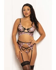Seven ’til Midnight Pink Floral Lace Mesh Long Line Underwire Garter Bra Set