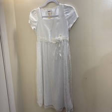 Vintage First Communion Girls Satin Short Sleeve Dress Lace flower girl size 10