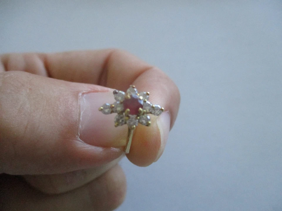 Vintage Ruby Diamond Halo 14k Yellow Gold Ring Red Teardrop Sz 3, 1.86g - Image 3 of 4